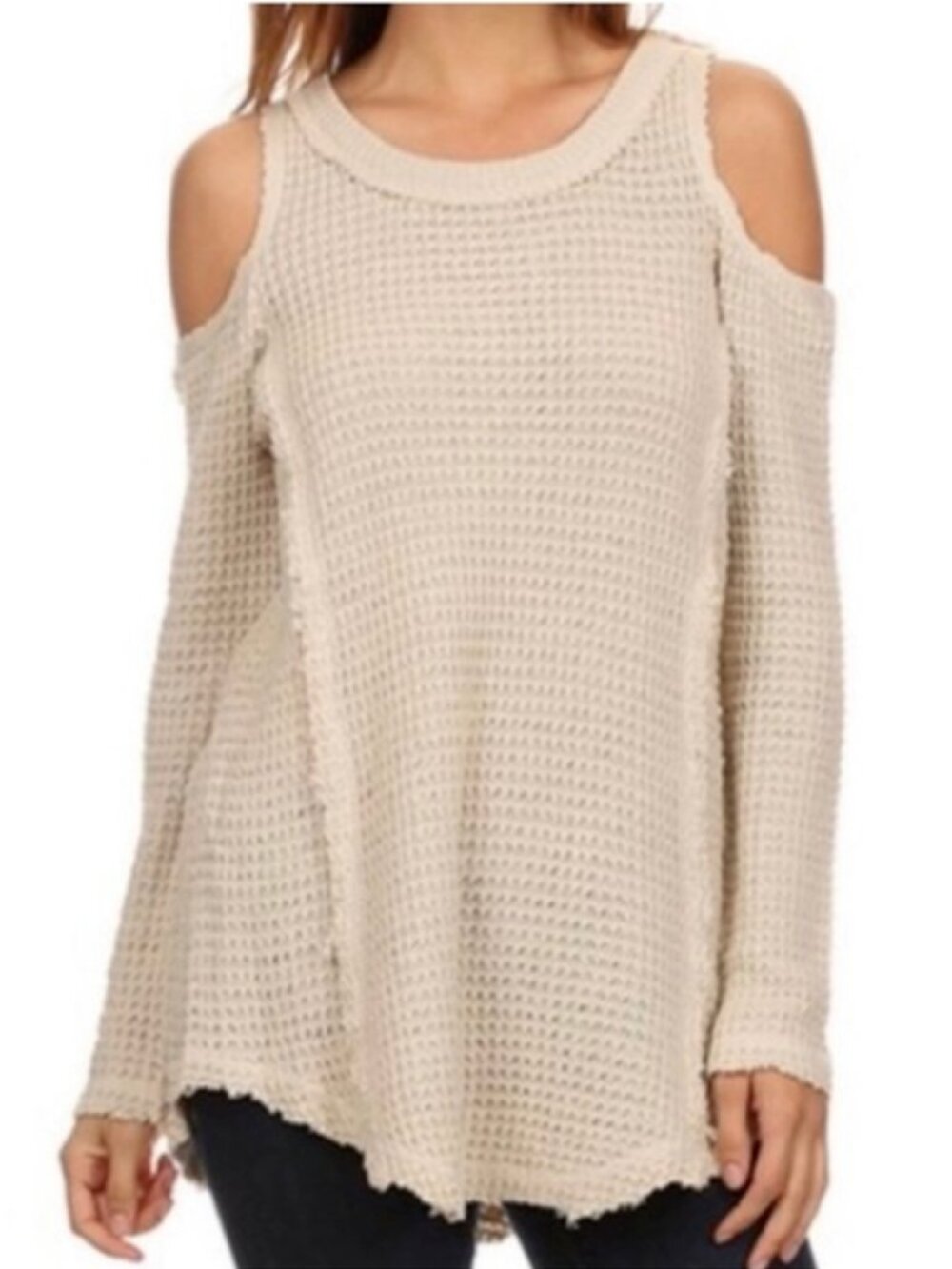 Elan Cold Shoulder Cut Out Waffle Knit Long Sleeve Cotton Boho Top M